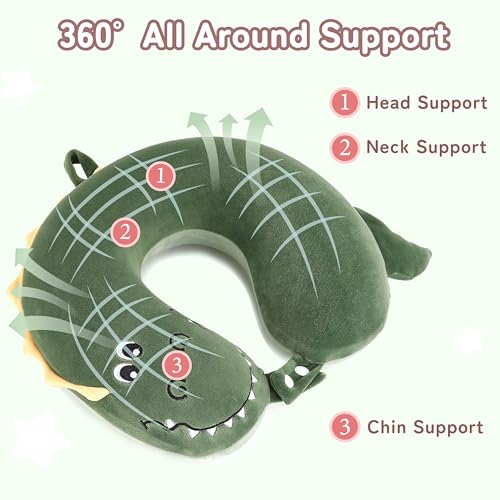 Image of Kids Travel Neck Pillow for Ages 3-8 with Memory Foam, Crocodile | Removable cover, 13 in neck size, hidden zipper, machine washable, head and chin support, car seat and airplane use