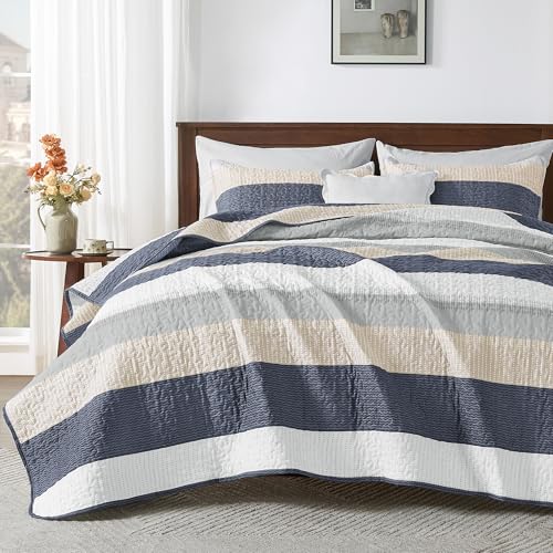 Image of Andency King Size Quilt Set Yellow Blue, 3 Pieces Summer Ultra Soft Lightweight Bedspreads & Coverlets Set, Patchwork Striped Quilted Bedding Sets for All Seasons (1 Quilt, 2 Pillow Shams)