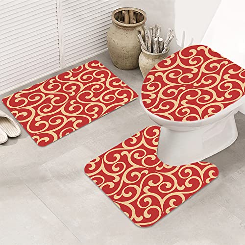 URSOPET Badezimmer Set, rutschfeste Badematte und WC-Vorleger-Set, Schnörkel arabisches Blumenmuster Rotgold Drapierung… – Bild 4
