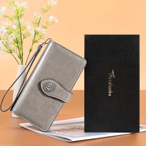 Image of Travelambo Women's Wallet RFID Blocking Credit Card Holder Large Capacity Wristlet Leather Wallets Purse, Light Grey, 7.5 inch x 4.1 inch x 1.3 inch, Retro