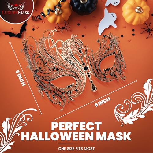 Image of Metal Filigree Masquerade Mask for Women - Swan Style Mask with Rhinestones for Mardi Gras, Prom, Halloween & Venetian Party