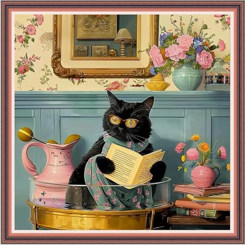 Image of Dooxvey Cross Stitch Kits for Adults Beginners,Full Range of Cross-Stitch Stamped Kits Needlepoint Kits for Beginners Embroidery Kits 11CT Cross Stitch Patterns-Cat Reading 18x18 inch