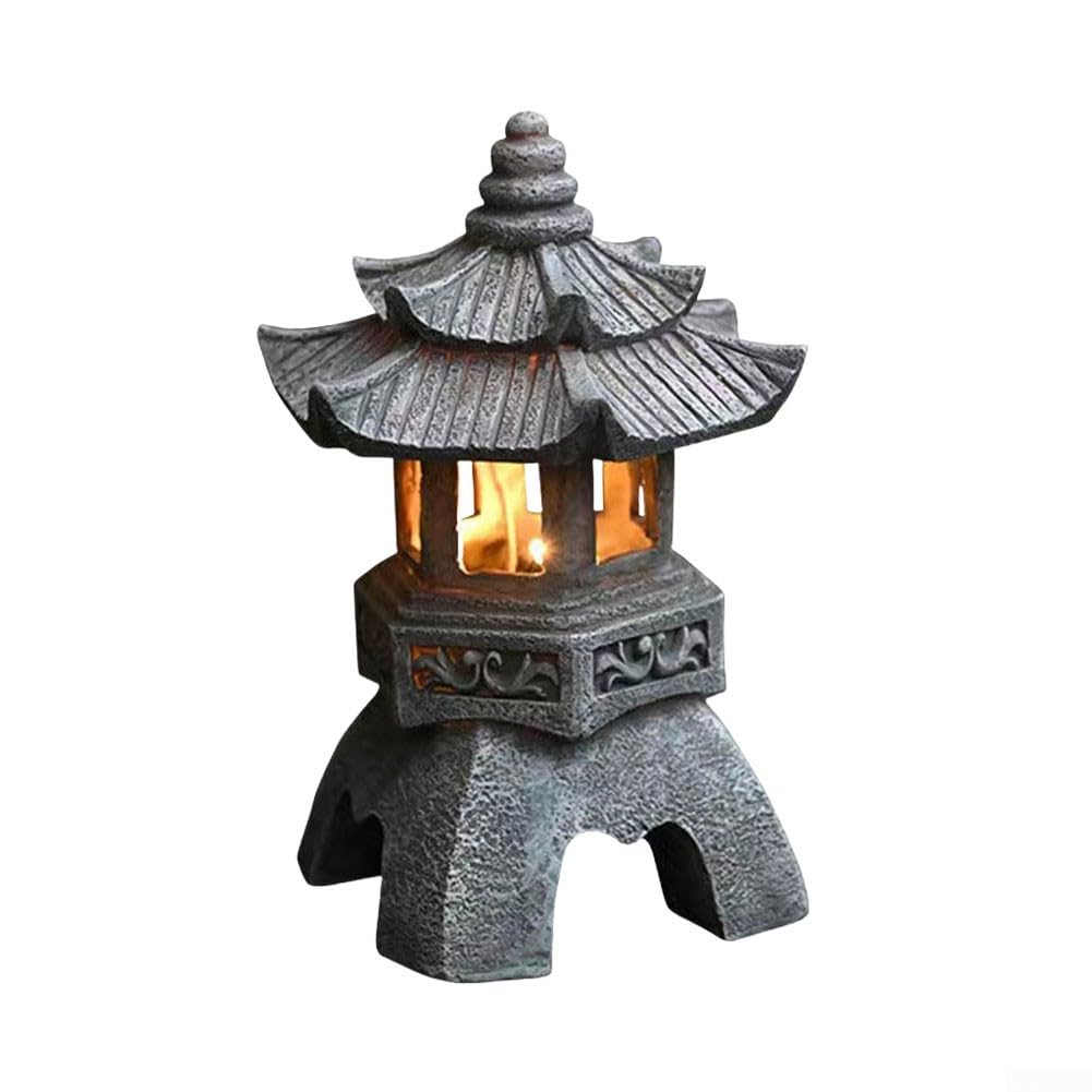 Resin Solar Pagoda Lantern Garden Statue, Weatherproof Zen Outdoor Light Ornament with Auto On/Off, Chinese Courtyard Tower Decor for Yard Patio Lawn Grey