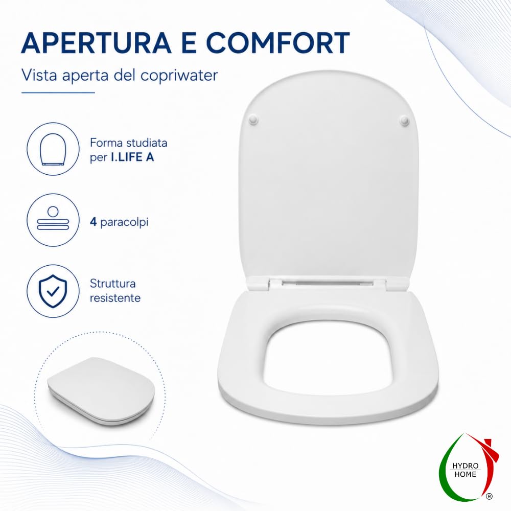 HYDRO HOME Copriwater Compatibile con I.LIFE A Ideal Standard, Sedile WC Slim in Duroplast Termoindurente Bianco, Soft Close, Cerniere Regolabili con Fissaggio dall’Alto (CHIUSURA AMMORTIZZATA)