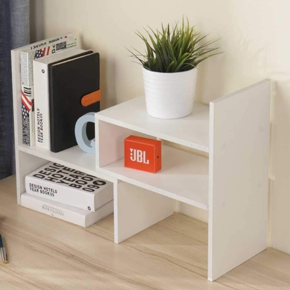 Small Wood Adjustable Desktop Bookshelf, Expandable Storage Organizer, Desktop Organizer Office Storage Rack, Display Shelf Rack, Office Supplies Desk Organizer(White)