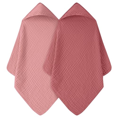 Image of FIEMOL Baby Bath Towels, 100% Muslin Cotton Hooded Baby Towels Girl for Newborn, 2 Pack Pink Baby Towels with Hood for Infant Toddler and Kids, Large 32x32Inch, Soft and Absorbent