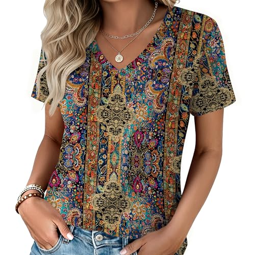 Zeagoo Womens Short Sleeve Tops Summer V-Neck Print Tshirts Casual Dressy Spring Shirts Outfits S-3XL