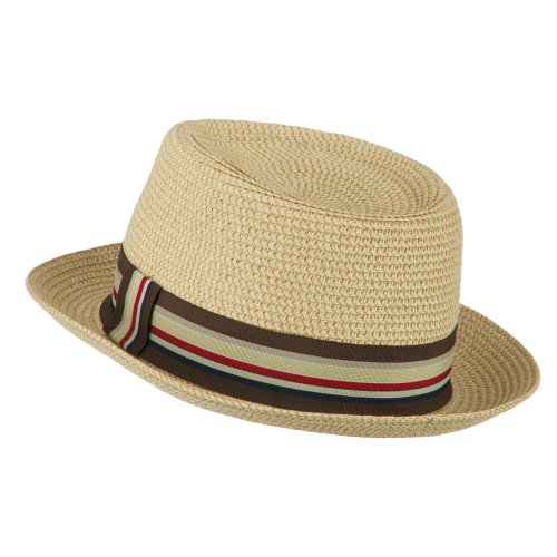 Kid's Pork Pie Stripe Band Fedora - Beige2