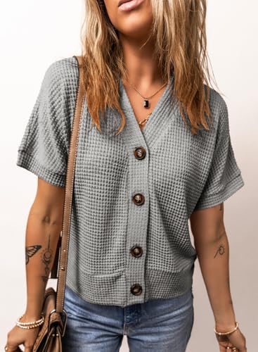 Image of Dokotoo Womens Summer Tops 2026 Waffle Knit Button Down Shirts Casual V Neck Short Sleeve Shacket Jacket Dressy Blouses