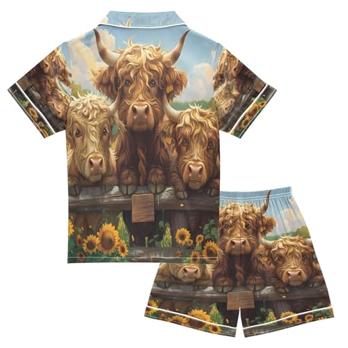 ALAZA Sunflower Highland Cattle Blossom Satin Pajamas Set Short Sleeve Button Down Sleepwear Summer Pjs 2 Piece2