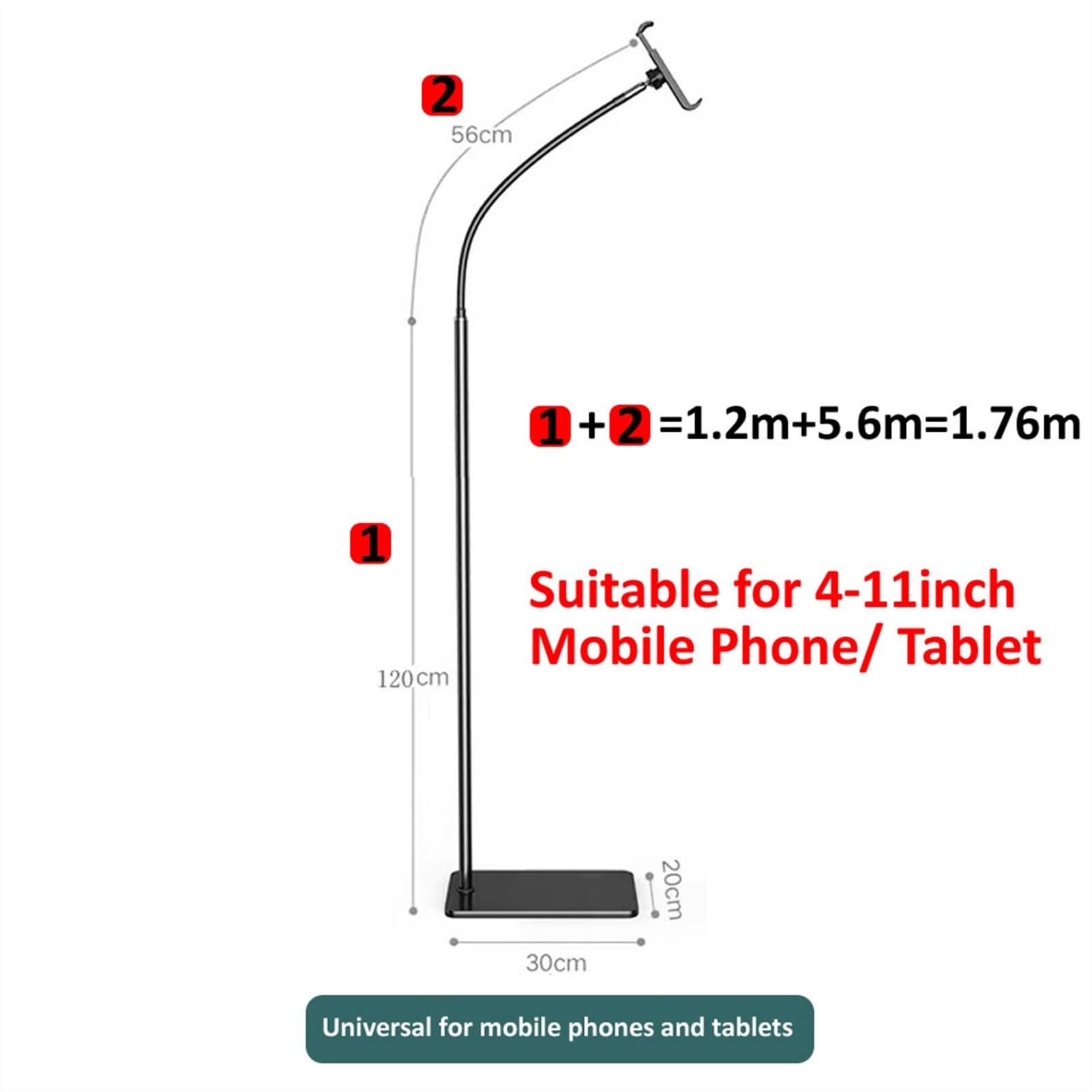 Soporte Tablet Soporte de la tableta del piso, soporte de teléfono de tableta flexible de cuello de ganso, 1.76m de alta tableta universal del brazo for 4-12.9inches Tableta de teléfono móvil Accesori