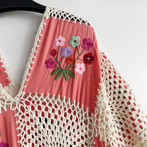 Caftán de ganchillo bohemio de mujer con bordado floral artesanal 2