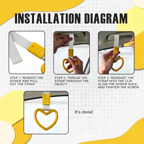 Image of 2PCS Heart Shaped Car Handle Straps, Rear Bumper Warning Keychain Ring for Car Exterior Accessories (Yellow-Silver)