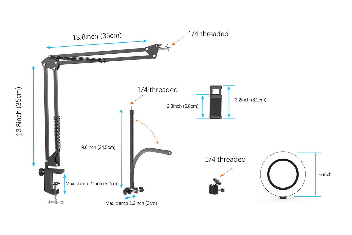 Overhead Stativ Handy mit Ringlicht, Flexibler Tisch Kamera Arm mit Licht, Flexible Tisch Kamera Arm Halterung mit Ringlicht für YouTube Live Stream Videoaufzeichnung, Kompatibel mit iPhone, Logitech