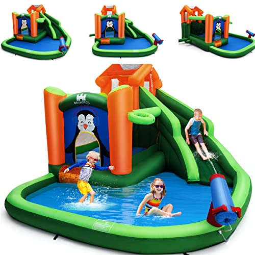 COSTWAY Château Gonflable avec Toboggan Aquatique & Maison de Saut, Aire de Jeux Gonflable avec Piscine & Motif de Pingouin, Canon à Eau & Panier, Charge 135kg pour 3...