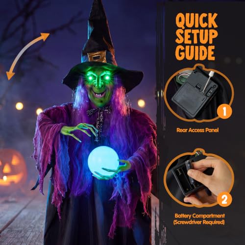 Image of JOYIN 78 inch Hanging Witch Decor with Magic Ball Halloween Decorations Outdoor, Swing Flying Witch Halloween Porch Decor Party Supplies Sound Activated Light Up Eyes Lawn Yard Garden Door Haunted House