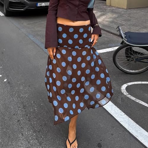 Women's Polka Dot Midi Skirt Asymmetrical Hem Y2K Low Waist Sheer Mesh A-Line Street Style Skirts3