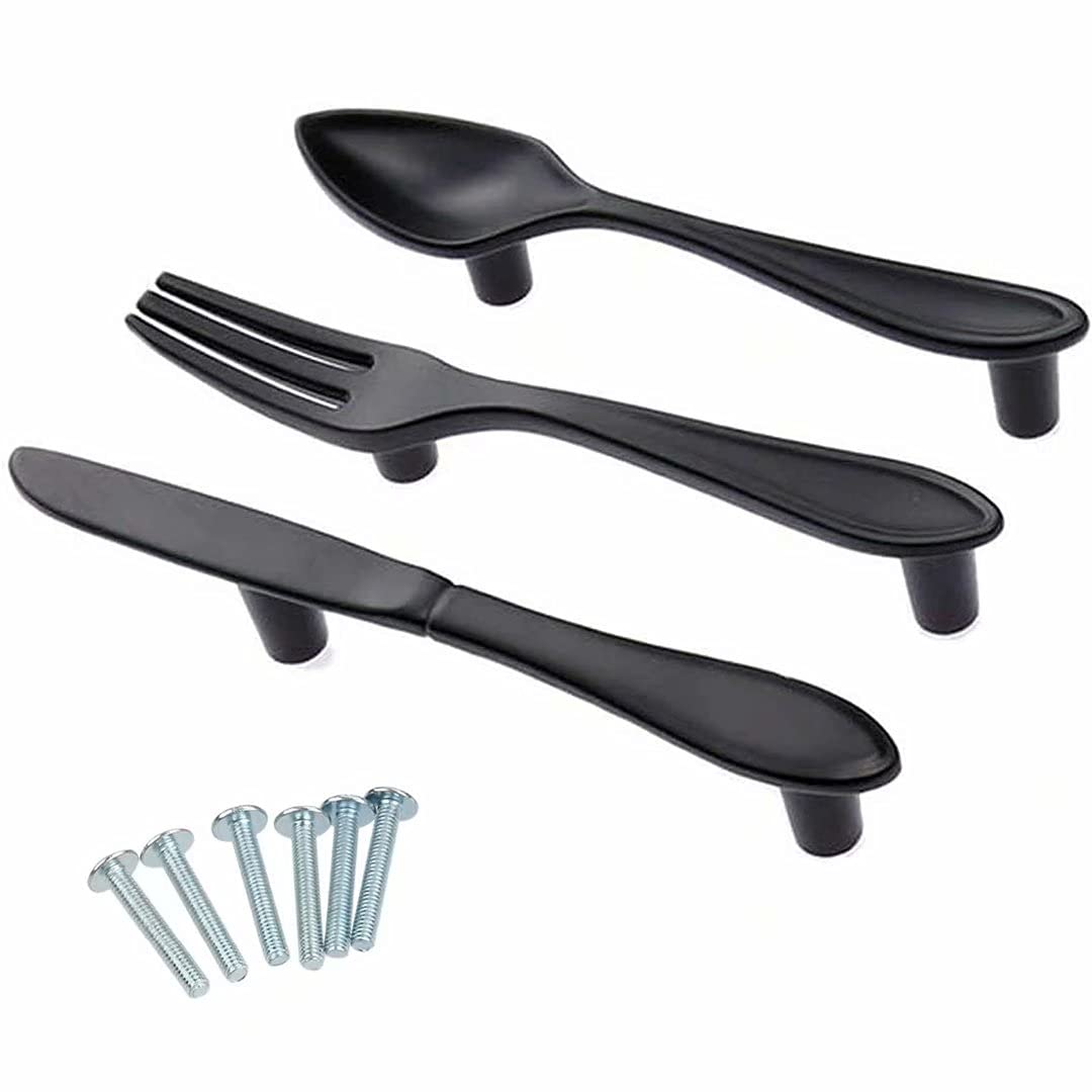 3pcs Black Funny Cutlery Cabinet Pulls Handles 3" Hole Center Vintage Kitchen Knife Spoon Fork Cupboard Pulls Handles Furniture Door Hardware for Bathroom Bedroom