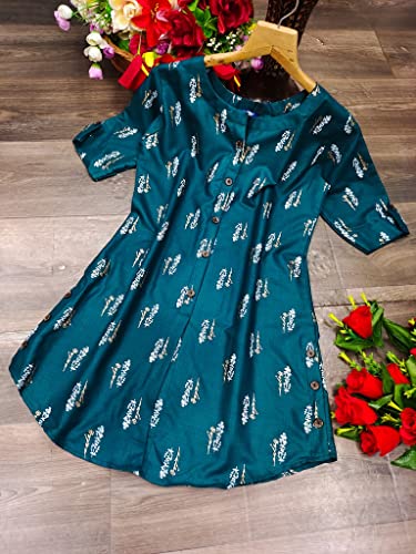 Image of OM SAI LATEST CREATION Slub Rayon Fully Stitched Anarkali Foil Print Kurti for Women & Girls on Jeans Palazzo or Skirt (Plus Size Upto 2XL) (Black)