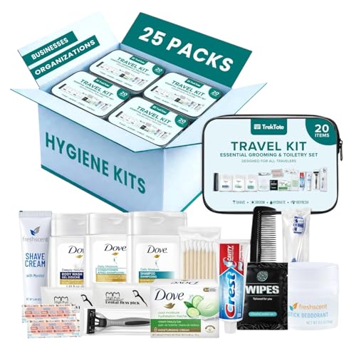 TrekTote 20 Piece Hygiene Kit Bulk Travel Size Toiletries Set Care Package Supplies Mini Deodorant Shampoo Body Wash Toothbrush Toothpaste Razor Kit TSA Approved Clear Bag