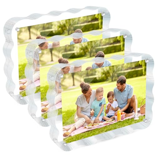 laapee 4x6 Acrylic Picture Frame 3 Pack 10+10mm Thicker Magnetic Acrylic Frame Double Sided Display Anti-fading Clear Block Scalloped Photo Frames Freestanding for Desktop Display