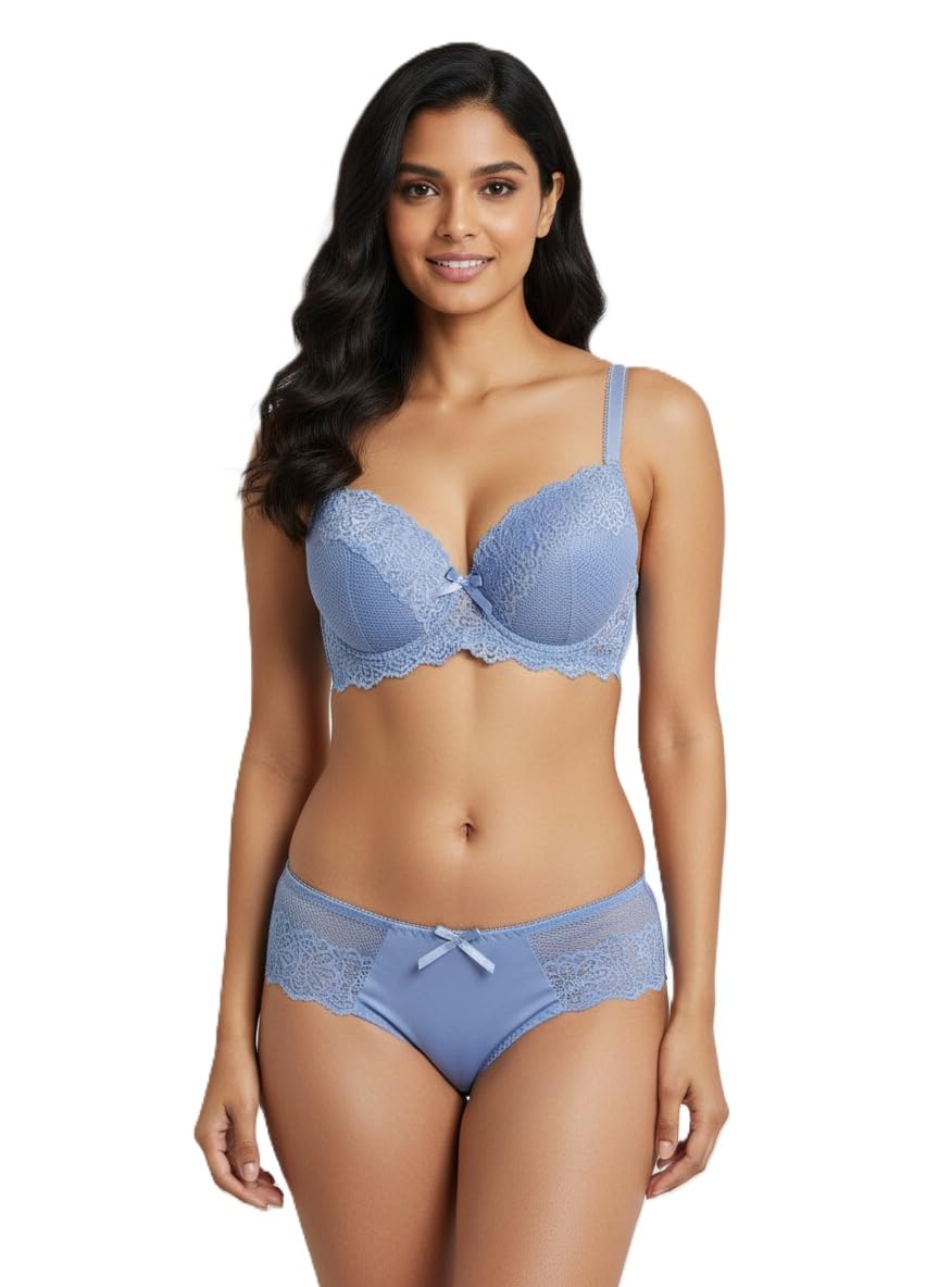 Women's Lace Trim Balconette Bra and Panty Set, Dusty Rose, Two-Piece Lingerie with Padded Cups and Scalloped Detail-picture-24