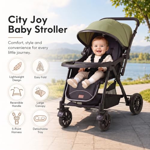 Image of StarAndDaisy Foldable Baby Stroller for 0-3 years Infant & Toddler / Travel Pram for Baby with Storage basket & Lockable Wheels, Multi-Level Recline & Adjustable Footrest, Removable Tray , Safety Harness Belt -Green