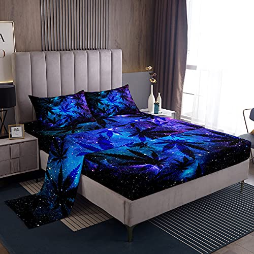 Feelyou Galaxy Space Bed Sheets Marijuana Leaf Sheet Set Botanical Weed Bedding Hemp Fitted Sheet Twin Size…