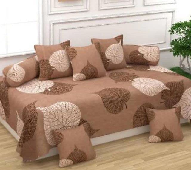 IVAZA Solid Color 100% Microfiber Diwan Set 8 Pieces, 1 Single bedsheet, 5 Cushions Covers and 2 Bolster Covers (Brown Leaf)-image-37