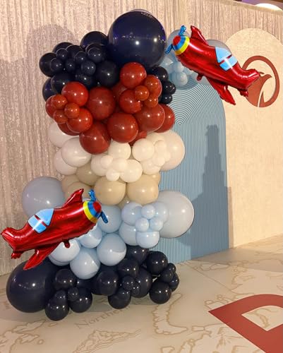 Image of Airplane Birthday Party Decorations 142pcs Airplane Balloon Garland Arch Kit Dusty Blue and Red White with 2Pcs Airplane Mylar Balloon for Time Flies Theme Birthday Baby Shower Party Supplies