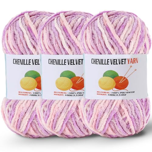 Image of 3 * 100g /3.5oz Fluffy Chenille Yarn for Crocheting, Chunky Velvet Yarn for Crochet Amigurumi, Used for Making Baby Yarns Blanket, Clothes, Pattern Knitting Creations (Pastel Purple)