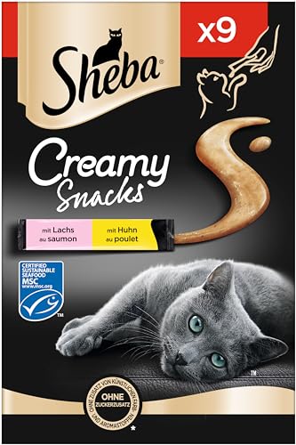 SHEBA Beutel Creamy Snacks für Katzen mit Huhn und Lachs cremiger Snack 7 x 9 x 12g