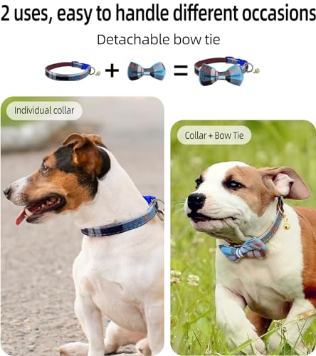 Image of Plaid Dog Collar with Bow, 2 Pack /Set Adjustable Cute Dog Bow Tie Collars with Bell, Best Pet Gift for Small Medium Large Boy Male Dogs