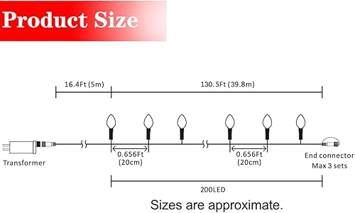 Miniatura 5 de AWQ Guirnalda de luces C9 de Navidad de 200 luces LED de 146.9 pies con enchufe, 8 modos de funcionamiento, temporizador, impermeable, extensible,