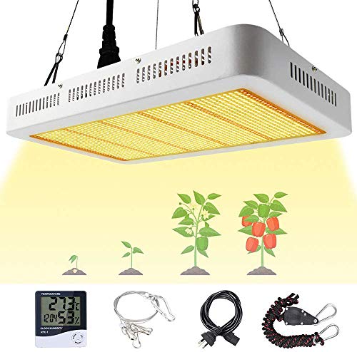 1000W Full Spectrum LED Grow Light, Derlights 1485 LEDs Sunlike Grow Lights Panel, 4000K White/ 660nm Red Added, Better for Flowering Fruiting Veg Seedling- with Thermometer Humidity Monitor