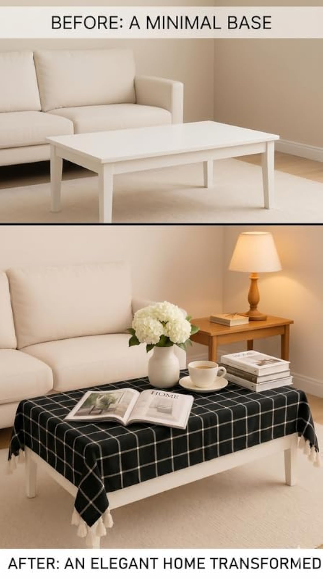 Black Window Pane Scandinavian Minimal Cotton Tassel Trim Dining Table Cover