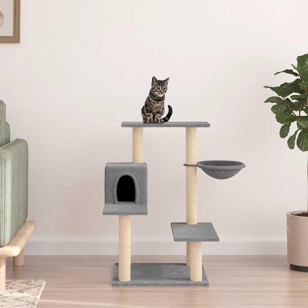 Árbol rascador con cueva de sisal, 82,5 cm, color gris claro | Mueble para gatos de varios niveles con cesta y cueva para el salón o el dormitorio.