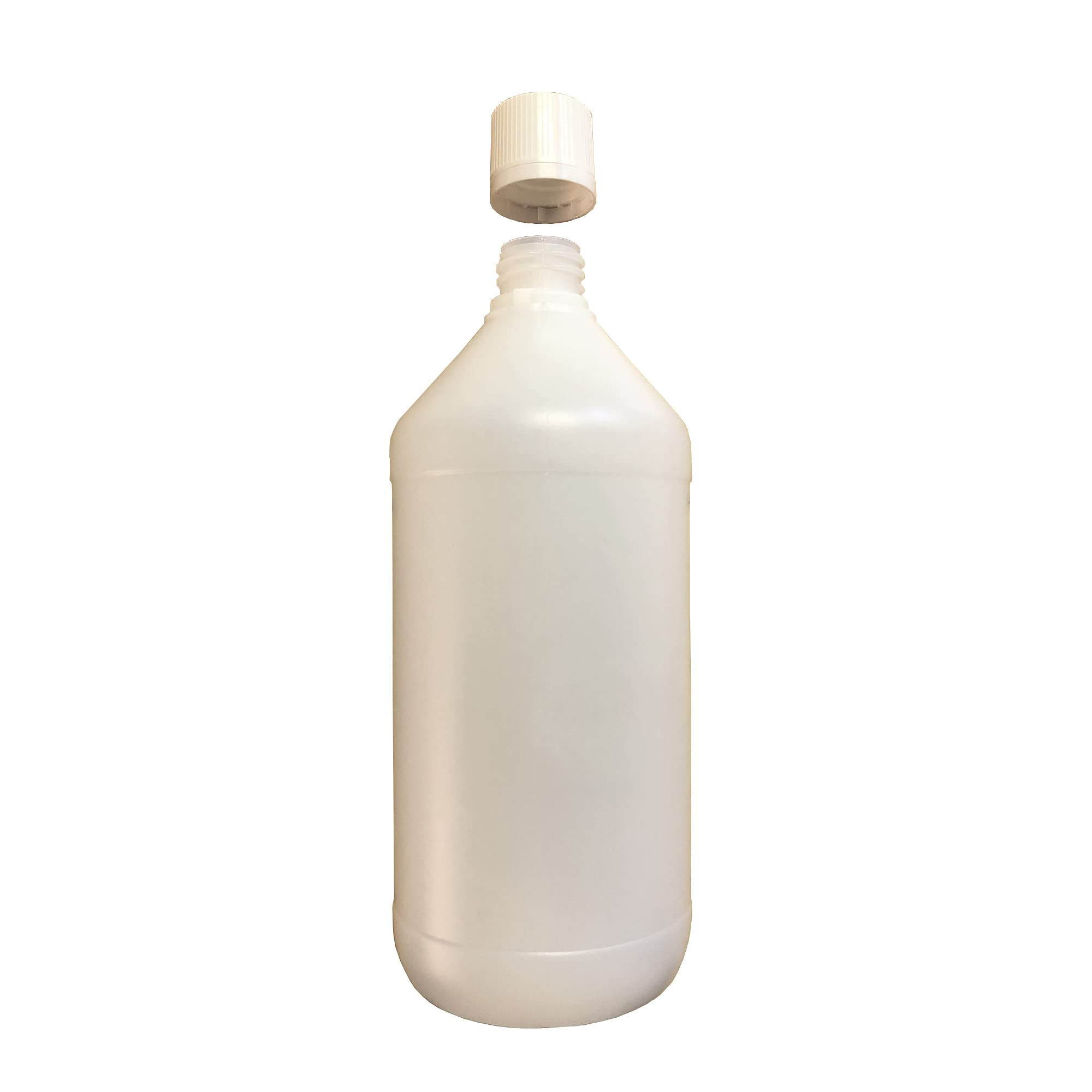 Flacon transparent vide en plastique de 1 litre. Fermeture par bouchon à vis.