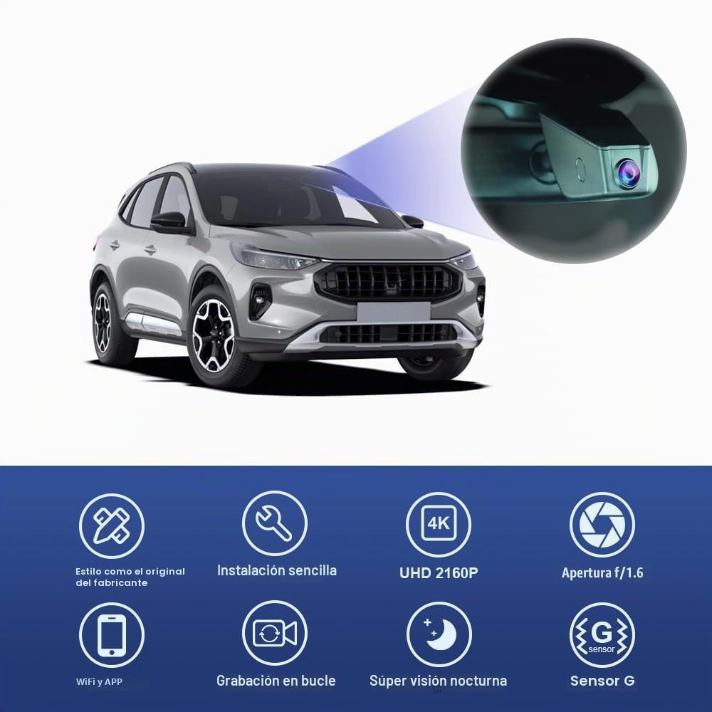 Fitcamx Dashcam 4K Adecuado para Ford Kuga 2019 2020 2021 2022 2023 2024 2025 MK3, OEM Cámara de Coche 2160P UHD Video WiFi, G-Sensor, Grabación en Bucle, WDR Camara para Coche, Tarjeta de 64GB