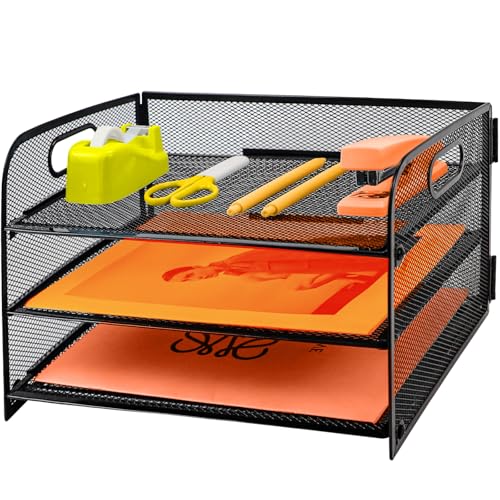PLSOPPKG 3 Tier Paper Letter Tray with Handle, Metal Mesh Desk File Organizer with Trays, A4 Paper Desktop Filing Trays