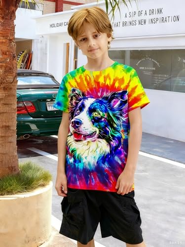 Image of Dog Shirt Kids Size 10-12 Years Boys Blue T Shirts Children's Hippie Tshirts Short Sleeve Round Neck 9 Years Fashion Tees