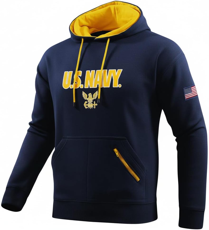 Malham Official U.S. Navy Hoodie - Embroidered Military Sweatshirt with Flag Applique, Navy, Available small to 3XL