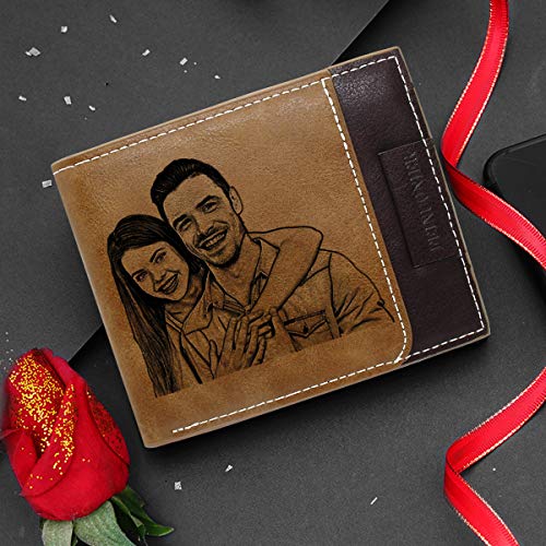 Custom Engraved Wallet, Personalized Photo Leather Wallet for Men, Birthday, Father’s Day, Christmas Day Gift, Light Brown 023