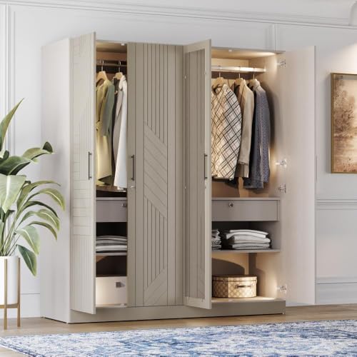 Image of Wakefit Tyrian Plus 4 Door with 4 Shelves 2 Drawers 2 Hanging Areas 1 Mirror SH2-Carcass: Pumic Grey Shutter: Creamy Brown