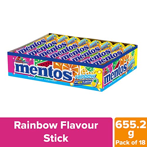 Image of Mentos Chewy Dragee,Fruit Punch Rainbow Roll, Assorted Flavour, 655 Grams(Pack of 36 Sticks)