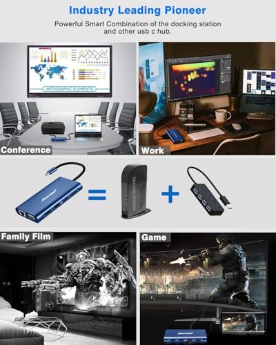 Image of Hiearcool USB C Docking Station, 11-in-1 Dock, HDMI, VGA, Ethernet, Blue