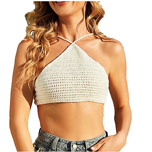 Crochet Bikini Tops Crossing Halterneck Camisole Tops for Women, Solid Knitted Cropped Tops Sleeveless Sexy Tube Tops Womens Daily Casual Wear for Shopping Y2K Crop Tops