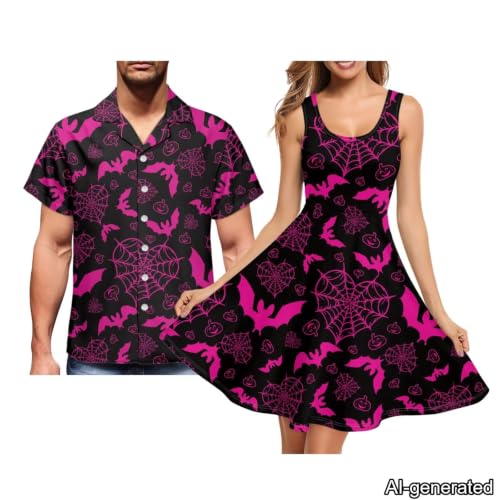 Image of Dreaweet Summer Dresses for Women A-Line Sleeveless Flowy Sun Dresses,Men's Casual Button-Down Shirts,Couple Matching Outfits