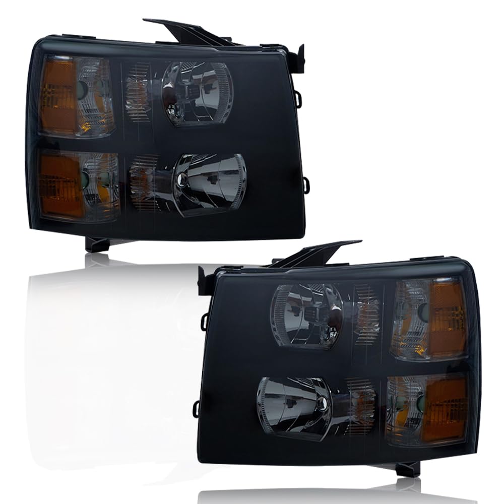 G-PLUS Headlights Assembly, Fit Chevy Silverado 2007-2013/Fit Chevy Silverado 2500 HD 3500 2007-2014 Bumper Headlamps, Smoky Lens Black Housing Amber Reflector 22853027,GM2503280,faros delanteros
