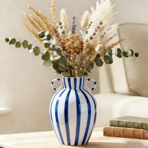Ceramic Striped Flower Vase with Dual Handles,6.5" Decorative Modern Vase for Home Decor,Hand-Painted Checkered Pattern Bud Vase for Tabletop,Shelf,Mantel and Office Desk (Blue)